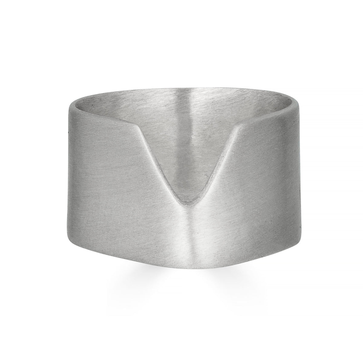 Chevron Ring in recycled sterling silver, front view of V-cut detail on white background – Black Heart Jewelers