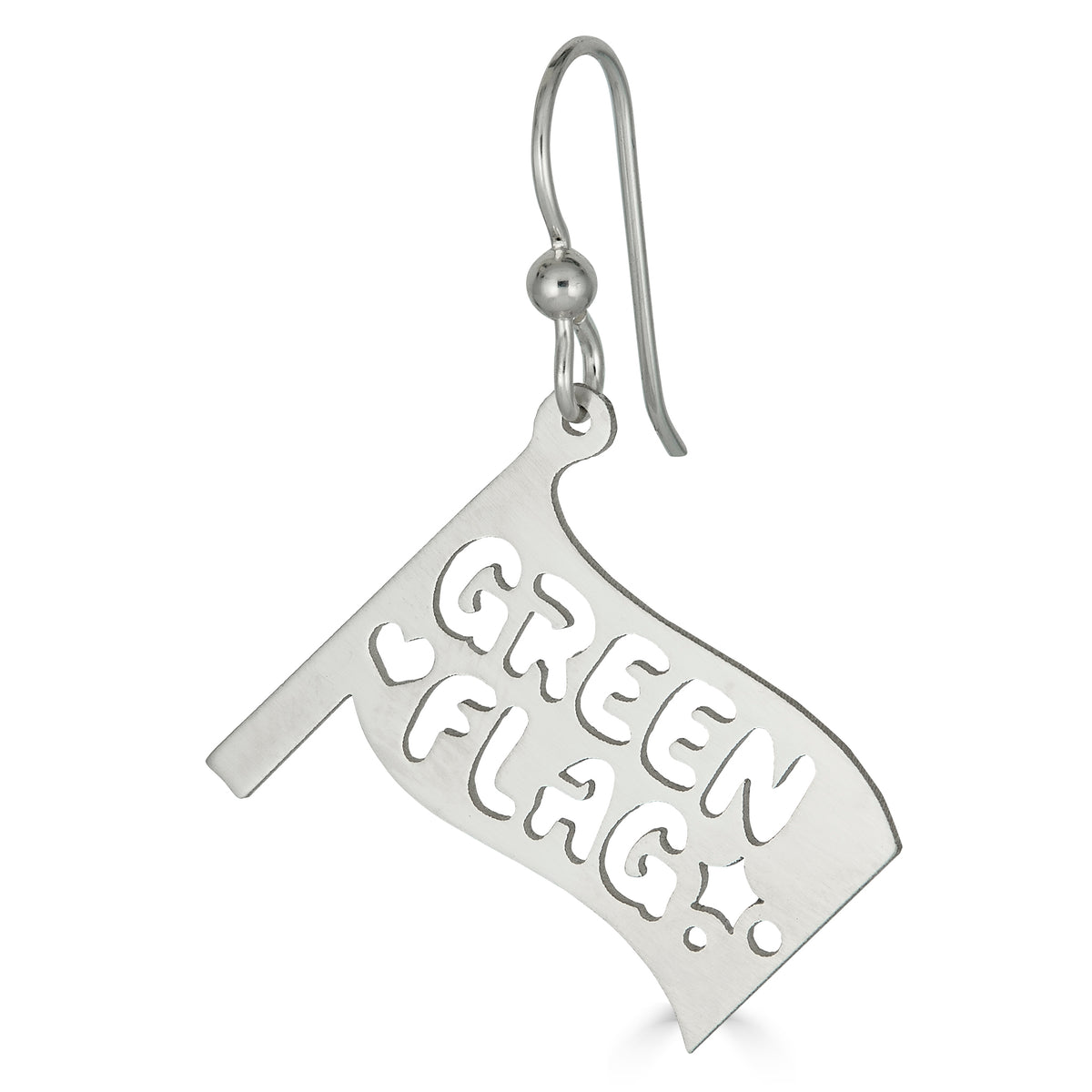 Green Flag earring in recycled sterling silver, studio shot on white background – Black Heart Jewelers