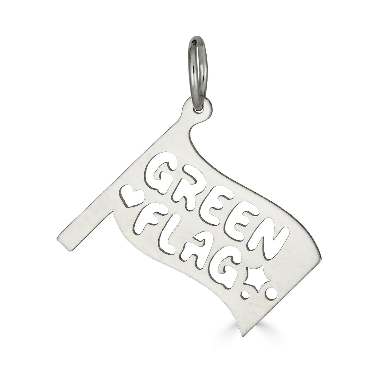 Green Flag pendant in recycled sterling silver, studio shot on white background – Black Heart Jewelers