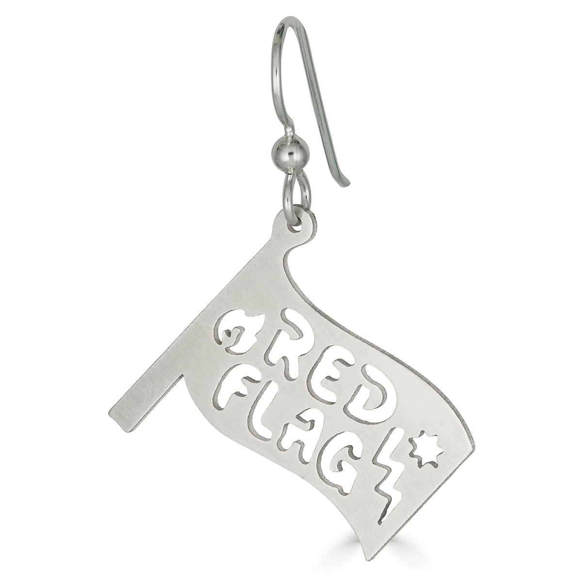 Red Flag earring in recycled sterling silver with ear wire, studio shot on white background – Black Heart Jewelers