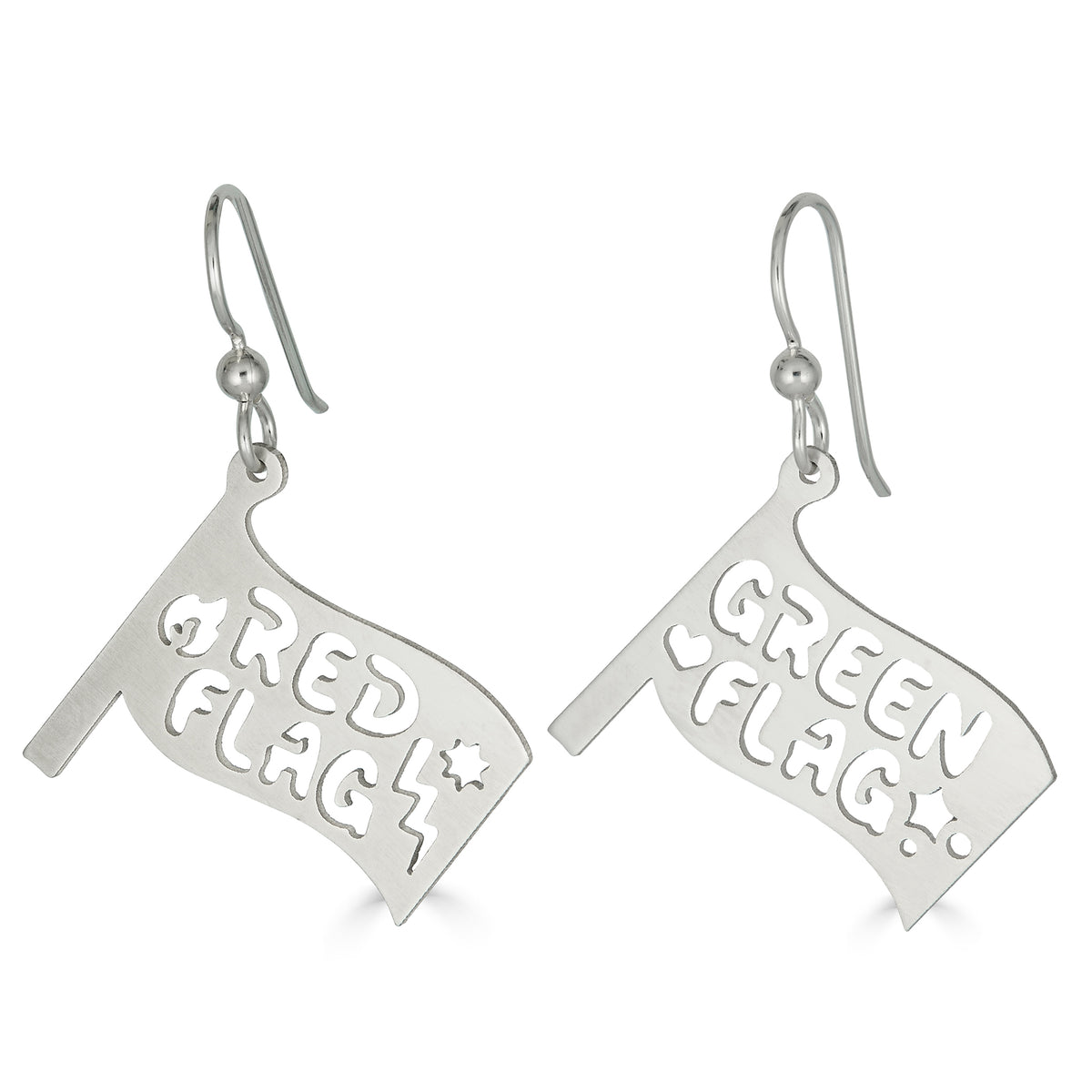 Red Flag and Green Flag earrings in recycled sterling silver, pair shot on white background – Black Heart Jewelers