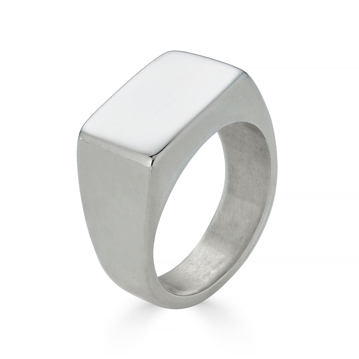 Signet Ring in recycled sterling silver, angled studio shot on white background showing flat rectangular top – Black Heart Jewelers